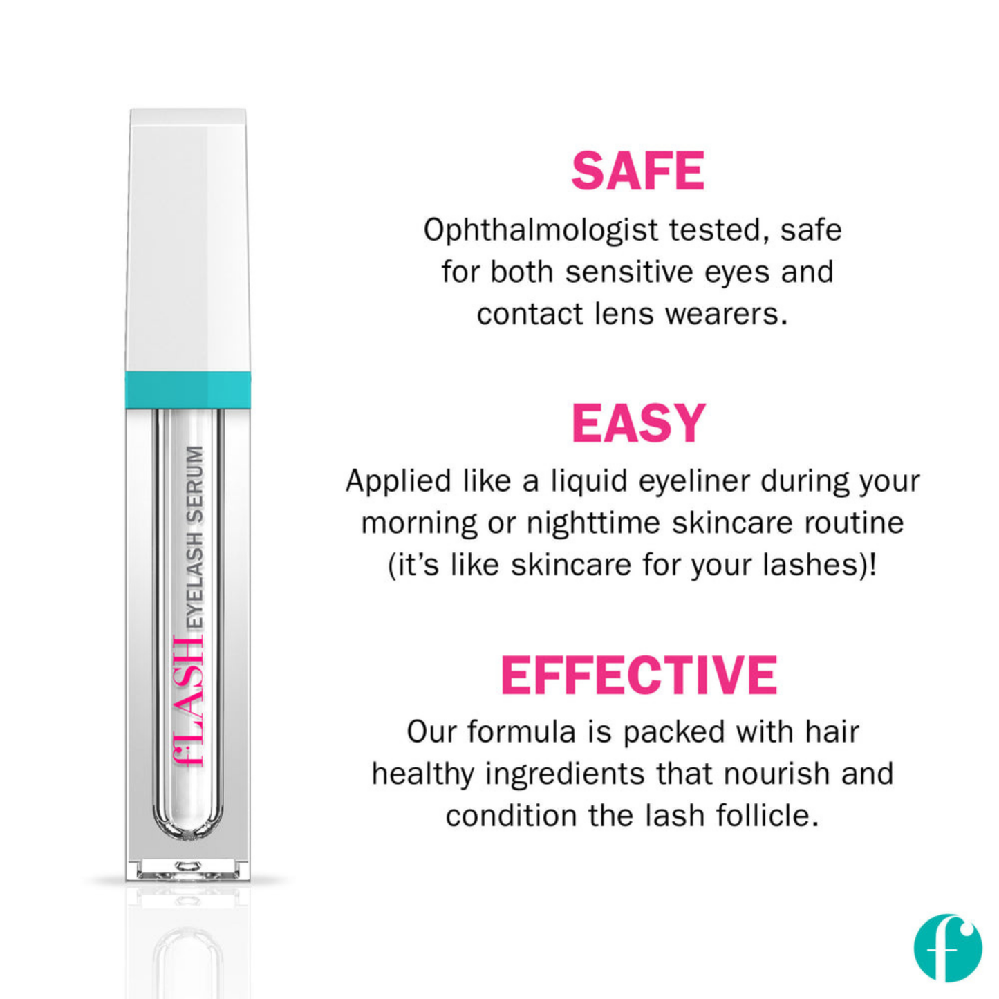 fLASH Eyelash Serum – Enhances and Strengthens Natural Lashes for Long, Curled Results, Safe Effective Formula, 2 ml (3-Month Supply)